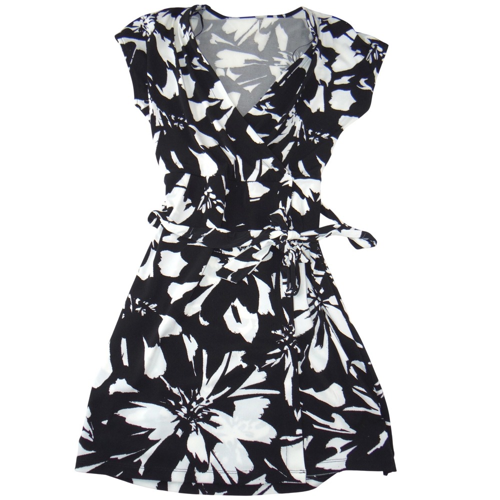 Nine West Womens Black White Floral Faux Wrap Dress V-Neck Short Sleeve Small